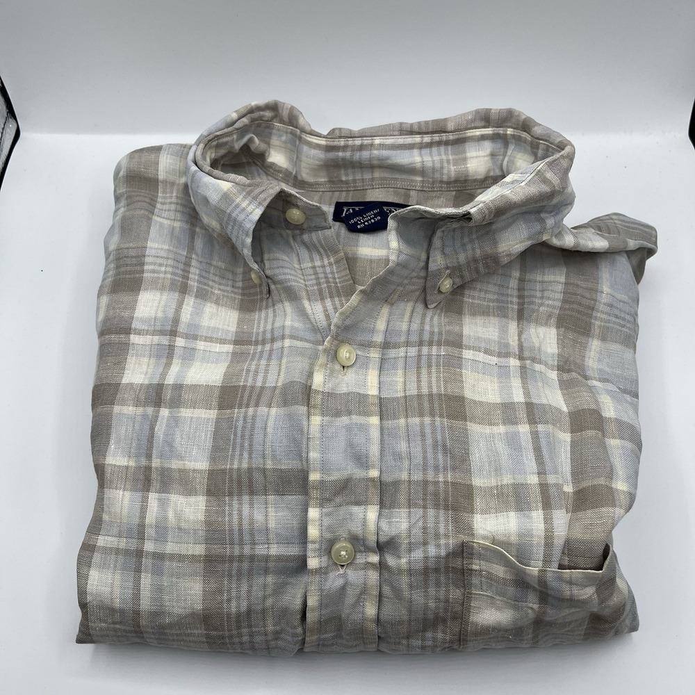 Vintage Lands End Button‎ Down Shirt Mens Large Linen Multicolor Plaid Outdoors